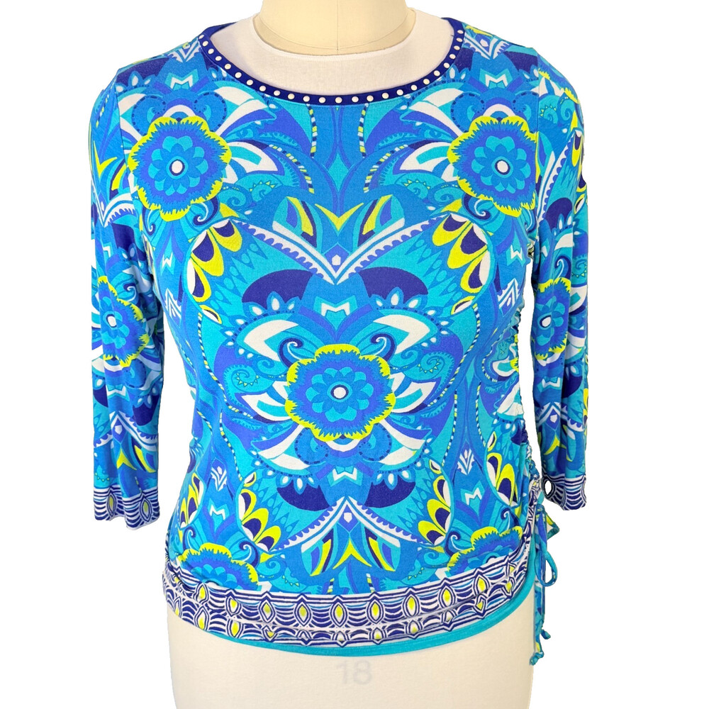 Ruby Rd. Blouse Women's XL Blue Teal Yellow Beaded Scoop Neck Floral Brocade